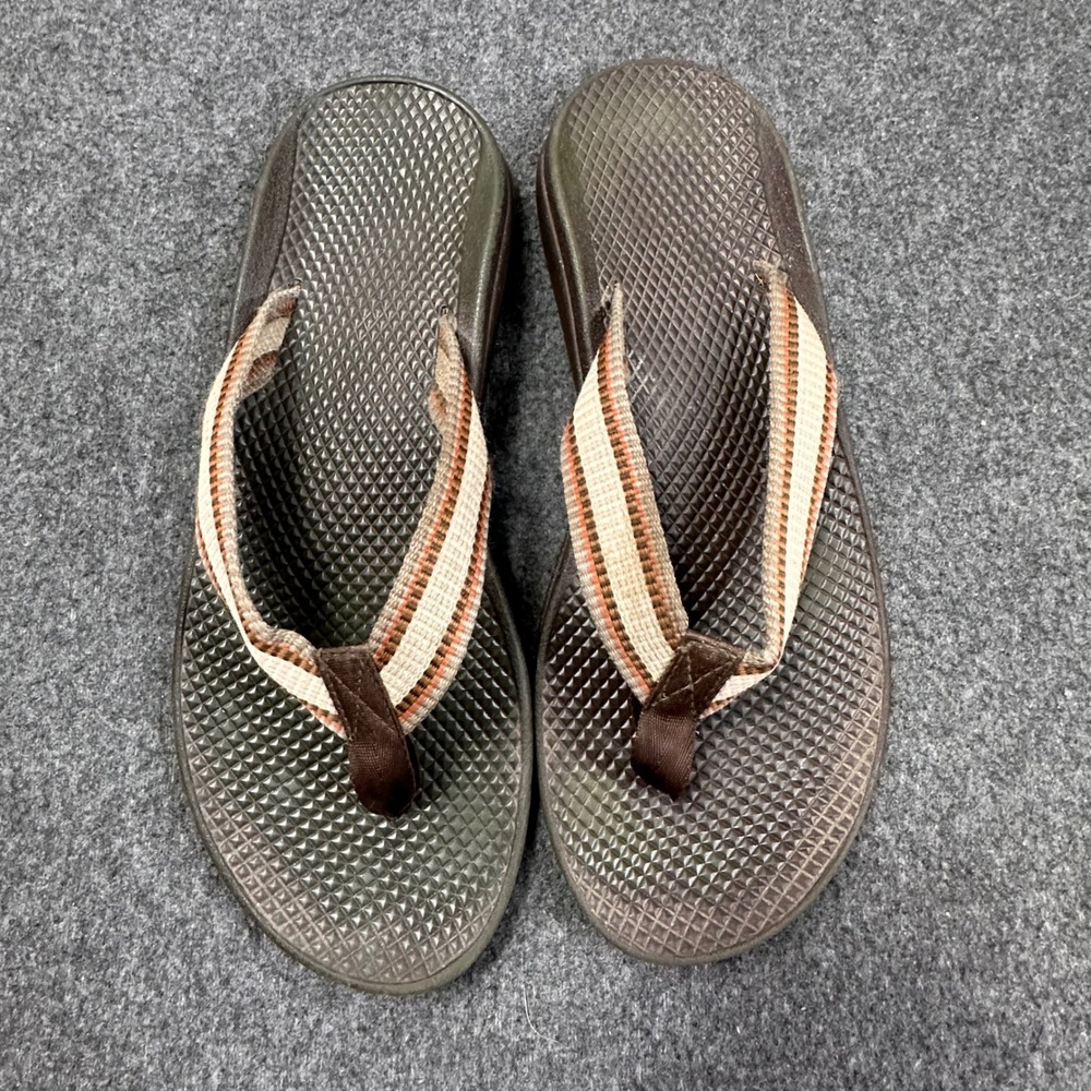 Chaco Chillos Flip Flop Sandals Brown Striped Webbing LUVSEAT Footbed Mens 10